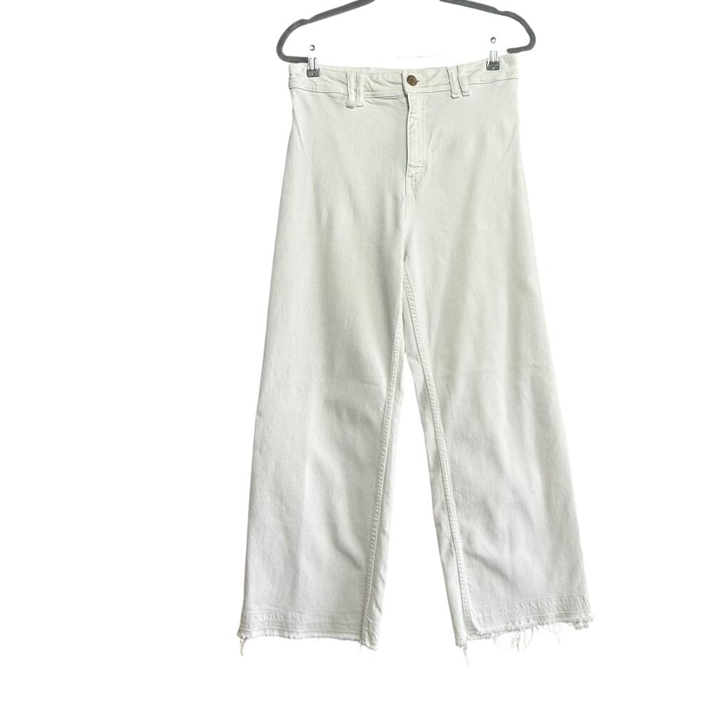 Bimba y Lola White Denim High Rise Wide Leg Raw Hem Size 42 EU Stretchy Fabric